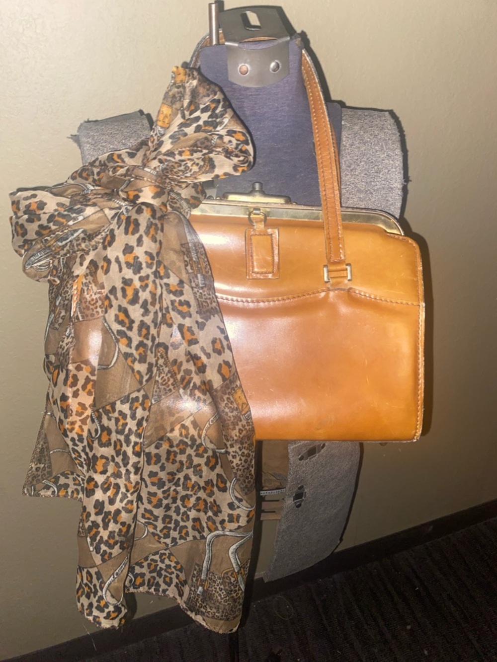 Vintage Tan Leather Satchel with Leopard Accent Scarf